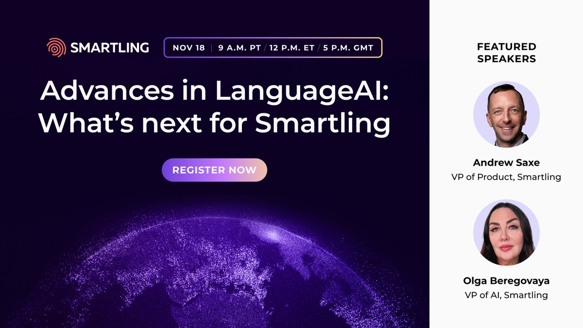 smartling's tweet image. The next generation of LanguageAI is here. 🌍

 Join Smartling’s upcoming webinar with Andrew Saxe &amp;amp; Olga Beregovaya on Nov 18 for a special preview of what’s coming in 2026.
 
Register now: bit.ly/3X0PiMC
 #AItranslation #Localization #Smartling