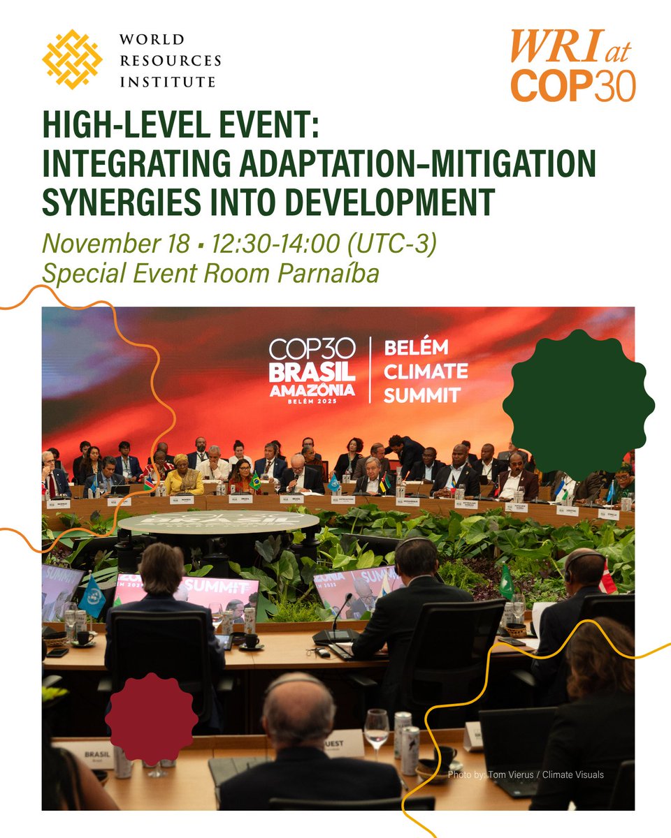WRIClimate's tweet image. Attending #COP30 next week? Don’t miss this high-level event to hear from experts on how linking #Adaptation and #Mitigation can shape smarter economic and development decision-making, unlocking benefits for people, nature and climate.

Learn more 👉 bit.ly/47Hi3nV