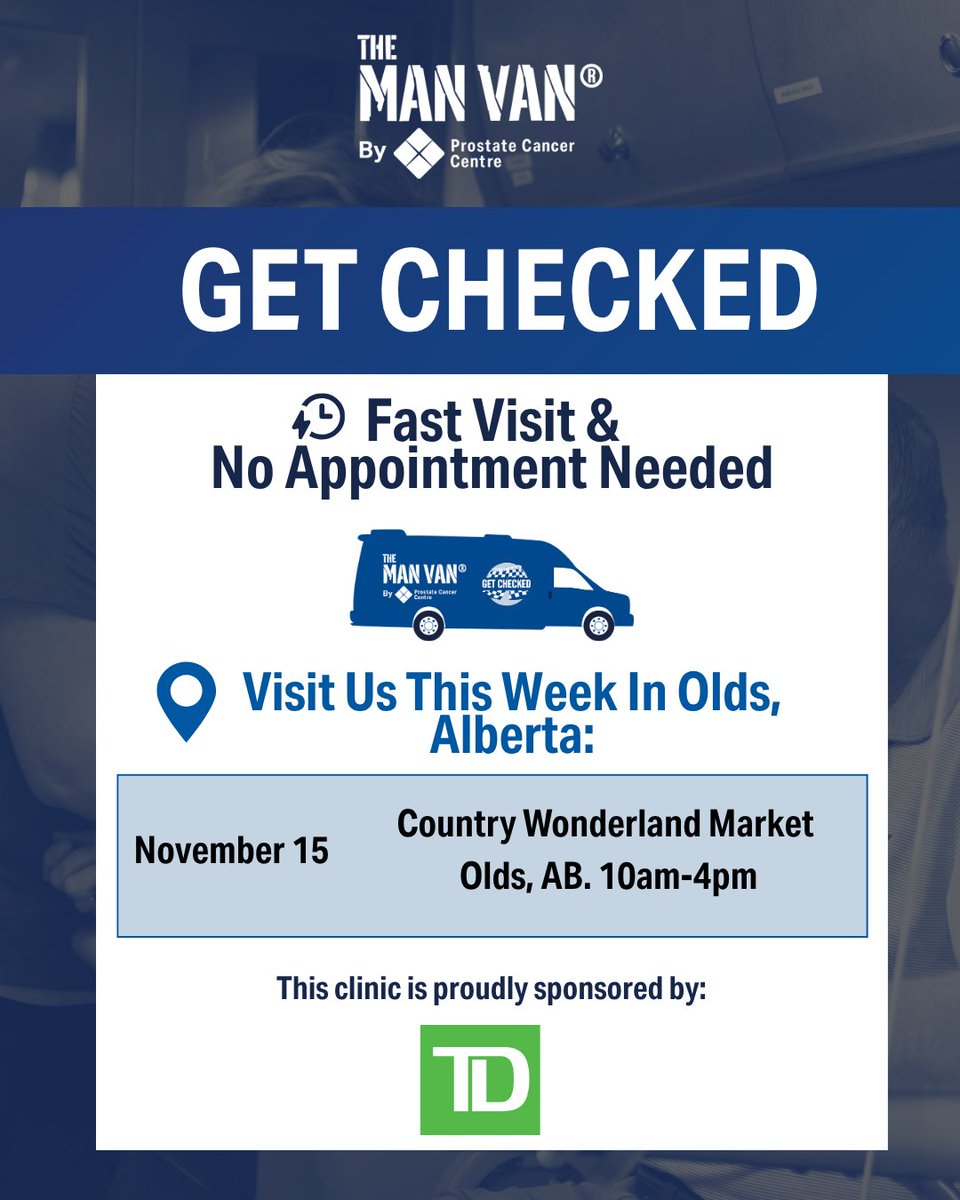 The MAN VAN® is in Old's this week and we are offering a free PSA blood test for men aged 40–70, and men 18+ can take part in free mental wellness checks. 

📅 Saturday, November 15
📍 Old Regional Exhibition 5116 54 Street Olds, Country Wonderland Market
🕛 10am-4pm