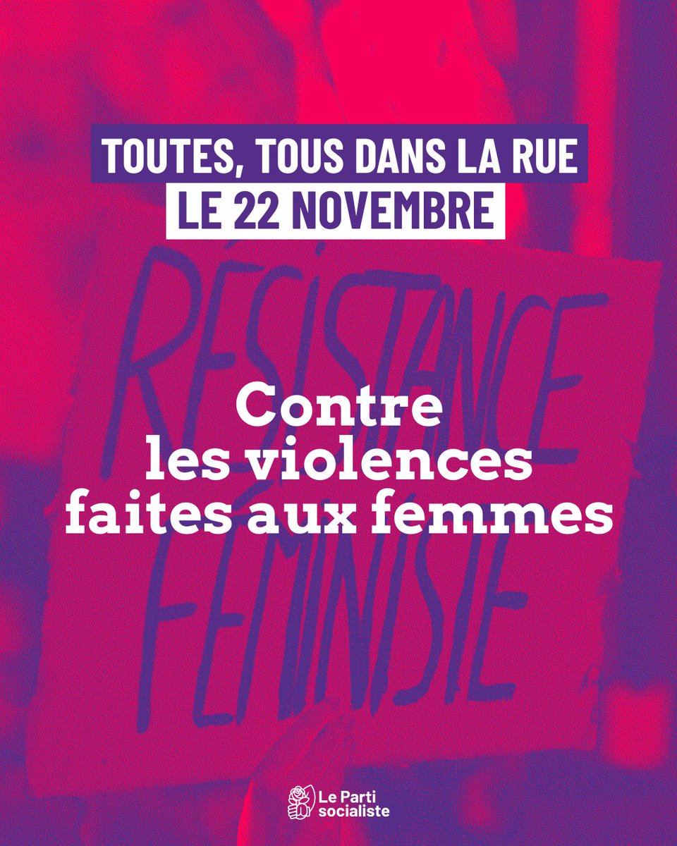 🟣 Le samedi 22 novembre, soyons toutes et tous dans la rue pour dire stop aux violences faites aux femmes. 

Le Parti socialiste s’associe à la mobilisation nationale pour dénoncer les féminicides et toutes les violences sexistes et sexuelles en France et dans le monde.