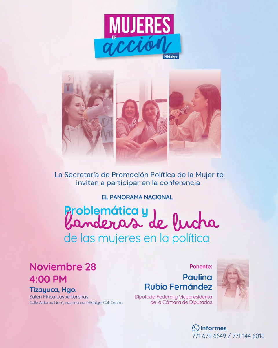 PAN_Hgo's tweet image. Este 28 de noviembre te esperamos en el taller:
 “Problemáticas y banderas de lucha de las mujeres en la política”. 💙💪
Un espacio para reflexionar, aprender y fortalecer el liderazgo femenino desde los valores del PAN🇲🇽✨

🔗 Registro: forms.gle/wJ7uJkdo28uGLv…