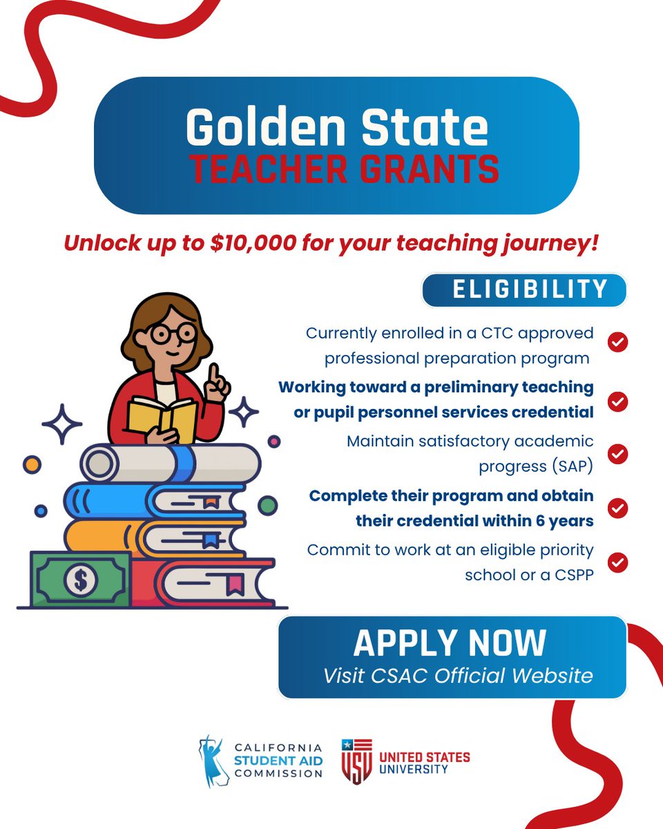 usuniversity's tweet image. 📢 Future teachers, this one’s for you!
The Golden State Teacher Grant (GSTG) Program is still accepting 2025–26 applications! Eligible students can receive up to $10,000 toward their teaching or pupil personnel services credential. 
#FutureEducators #CTC #USU