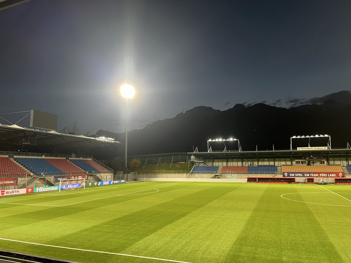 Rheinpark Stadion, Vaduz 🇱🇮

Around 3,000 Welsh fans here tomorrow, filling three of the four stands, on the banks of the river Rhine and just a few metres from the border with Switzerland.

Liechtenstein’s entire population is only 41,000, smaller than Cwmbran.