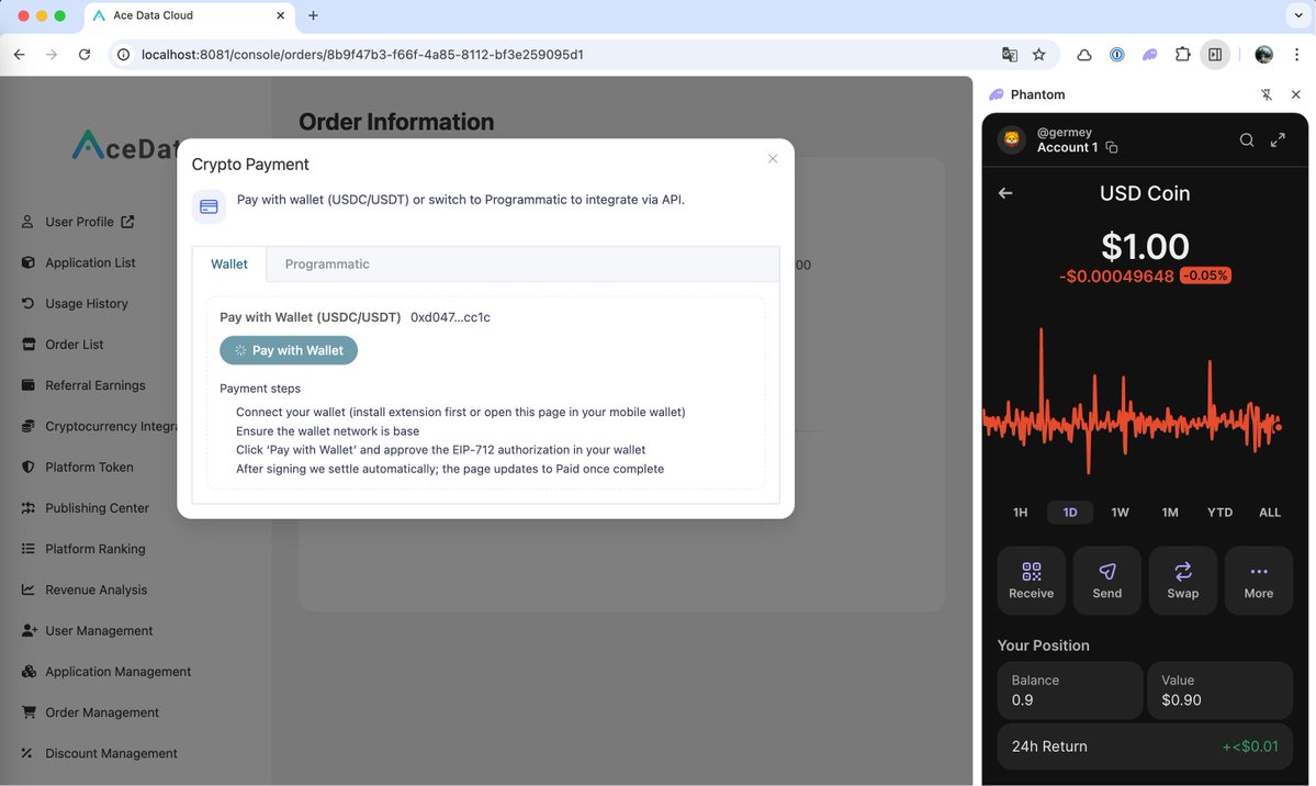 GermeyAce's tweet image. Just cracked something exciting today. 🔥

I got UI-based wallet payments working locally on Ace Data Cloud — connect your wallet, sign, done, in addition to programming way!

Front-end is smooth, back-end still fully powered by X402.

A whole new experience with the same…