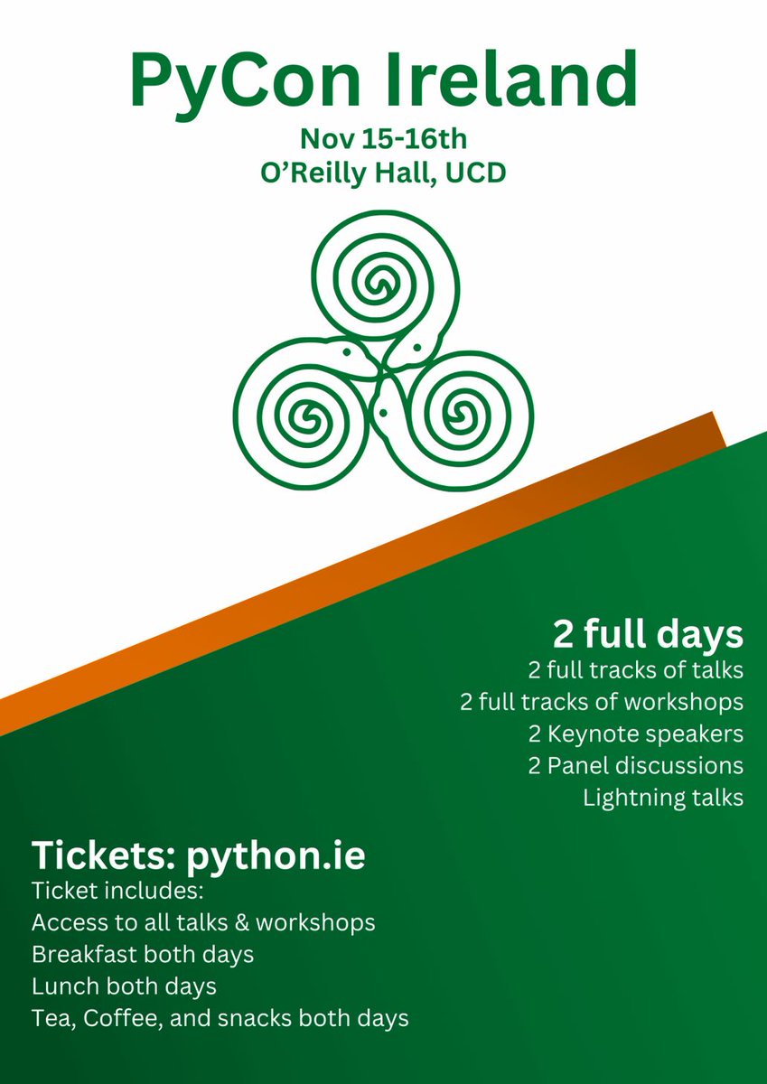 europython's tweet image. Dublin, get ready! 🐍 PyCon Ireland 2025 is here - Nov 15-16 at UCD O’Reilly Hall 🐍

Join us for talks, workshops, AI panels, and epic networking. Grab your ticket now: python.ie #PyConIE #PythonIE