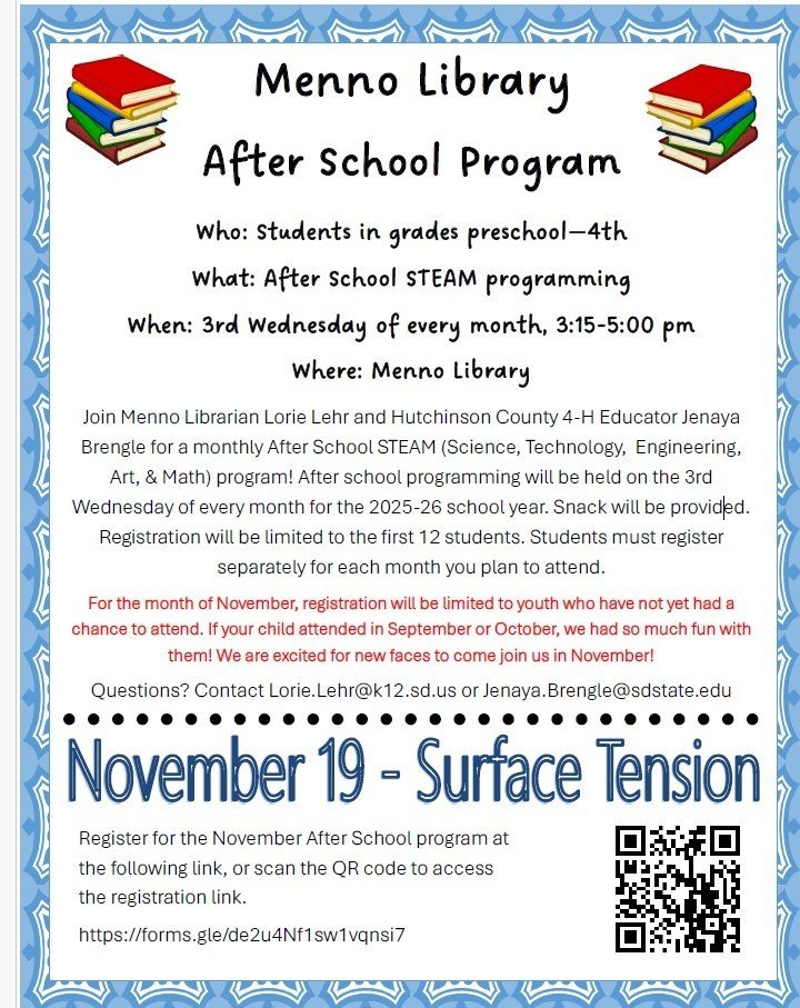 MennoWolves's tweet image. Check out the next after school STEAM activity scheduled for Wednesday, November 19 at the Menno Library.