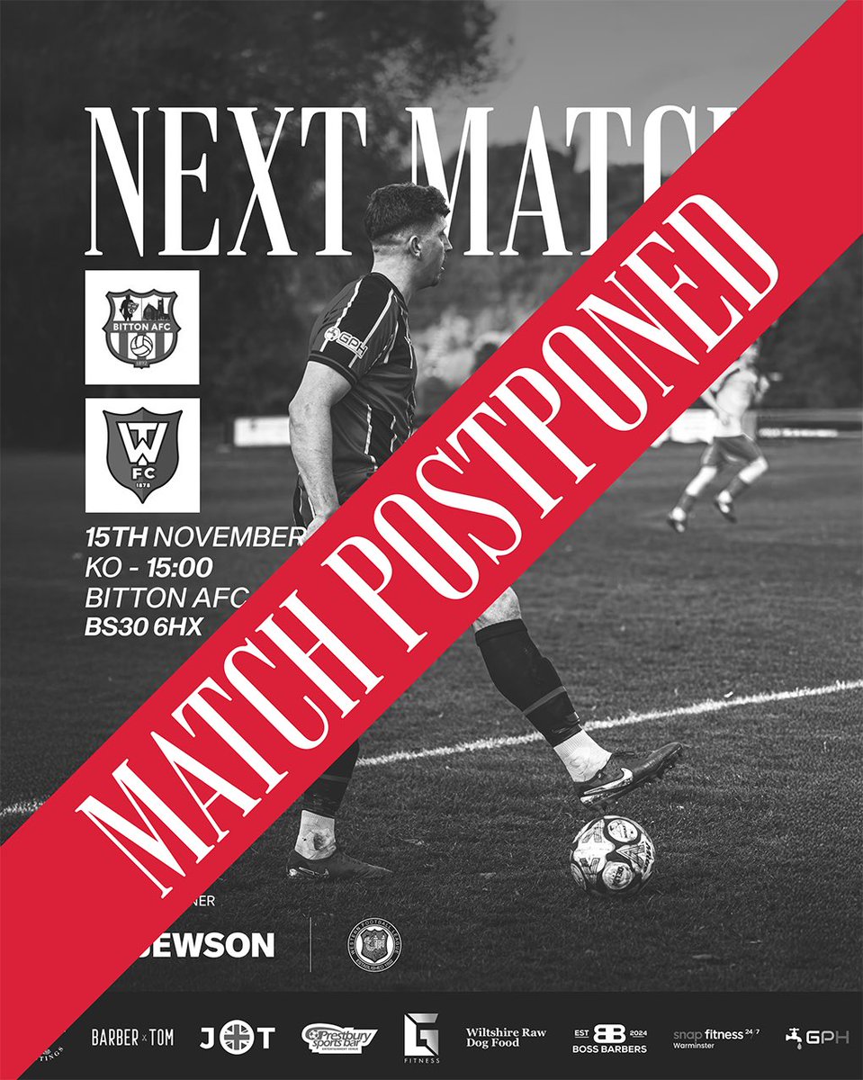 GAME POSTPONED 

Unfortunately our scheduled game against <a href="/BittonAFC/">BittonAFC©</a> has fallen to the weather🌧️☔️

We will update supporters with the rearranged fixture date as soon as it is confirmed

Our next game will be next Saturday 22nd November at home to Mendip Broadwalk🔴⚫️
#UpTheWarmy