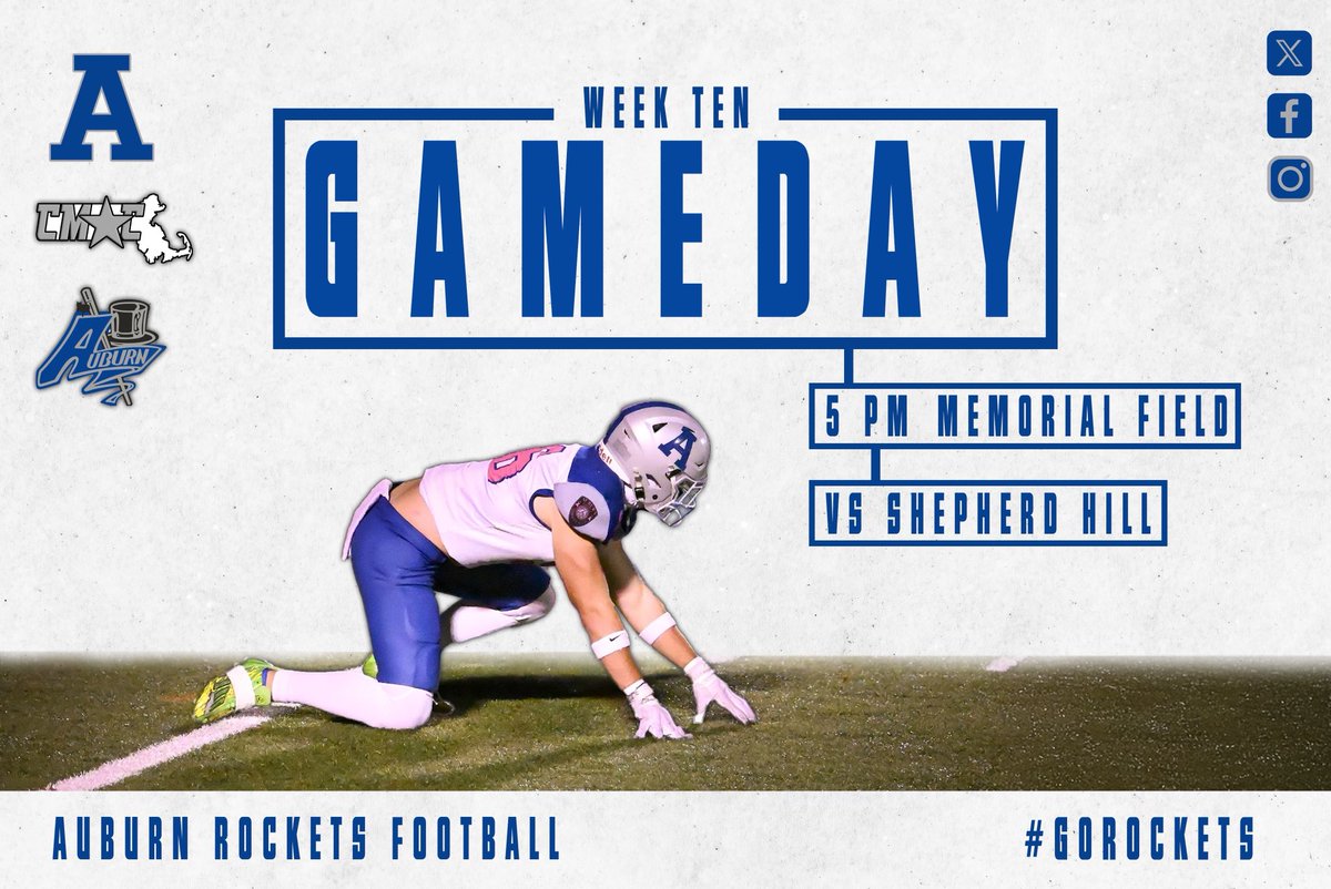 AuburnRocketsFB's tweet image. 𝑮𝑨𝑴𝑬𝑫𝑨𝒀 🚀

🆚 Shepherd Hill 
📍Memorial Field 
🕖 5:00 PM
👔 🔵 on 🔵 

@tgsports 

#LetsGoRockets