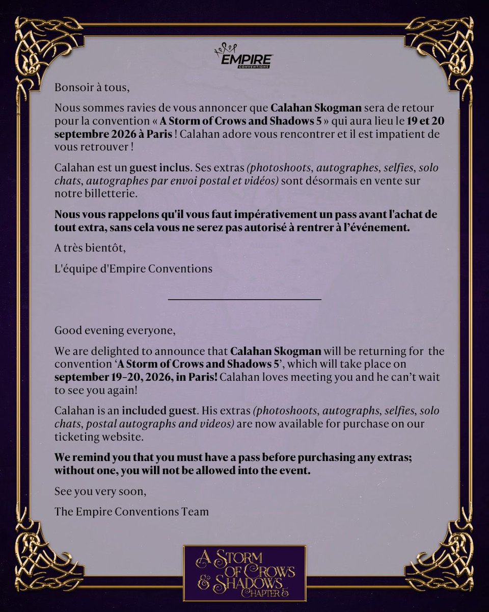 EmpireConv's tweet image. #ASOCAS5 | 3RD GUEST: CALAHAN SKOGMAN (regular guest)
 
🎟️ TICKETING NOW: billetweb.fr/asocas5

ℹ️ FB GROUP: facebook.com/groups/asocas

📍 PARIS, VENUE TBA

#ShadowandBone #MatthiasHelvar #CalahanSkogman #SixofCrows