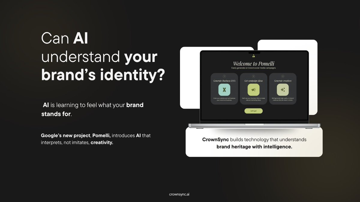 CrownSyncAI's tweet image. For luxury, this shift matters. Every texture, phrase, and detail reflects trust.
CrownSync believes technology should enhance creativity, not replace it.

Follow CrownSync to stay ahead on how AI is redefining the luxury industry.

#AI #Pomelli #GoogleLabs #CrownSyncAI