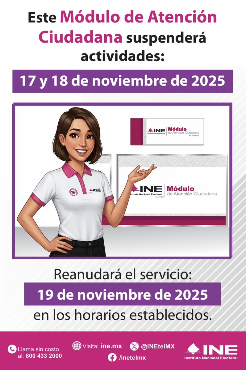 📷ATENTO AVISO📷

El próximo 17 y 18 de noviembre, nuestros Módulos de Atención Ciudadana suspenderán actividades.📷📷

Se reanudarán actividades el 19 de noviembre.📷