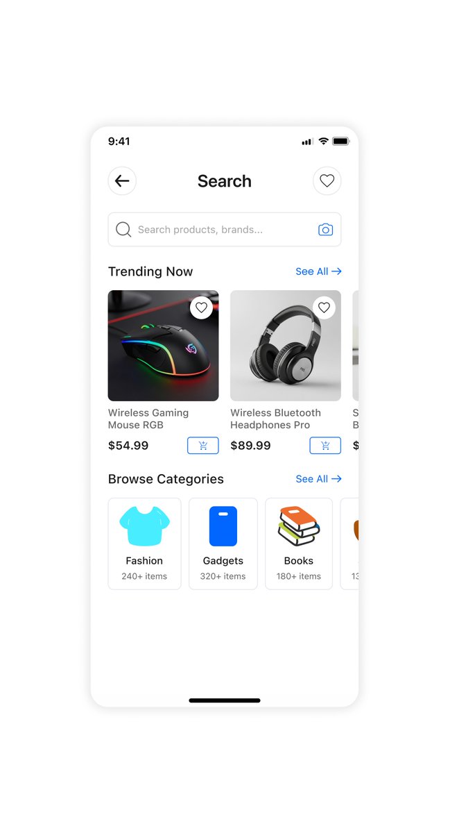 TechMaverick88's tweet image. Camera icon in the search bar = visual search, positioned right where thumbs rest.

&quot;Trending Now&quot; sits above categories, showing products before choices reduces decision paralysis.

Category cards show item counts because transparency builds trust.

#UIUXDesign #Buildinpublic