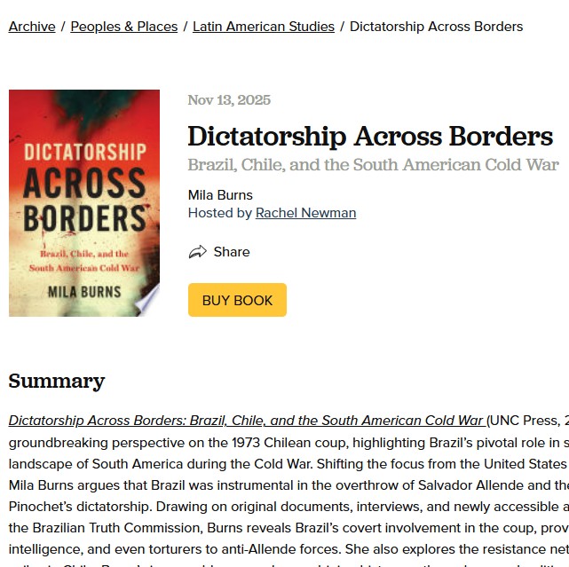 RachelGNewman's tweet photo. Para los historiadores de la Guerra Fría

Escuchen este podcast que grabé p/@NewBooksNetwork 

Mila Burns nos habla de su nuevo libro sobre la política exterior de Brasil en Chile. Un tema difícil pero importante p entender las dictaduras del Cono Sur.

https://t.co/1qJ7GdMpLf https://t.co/tNoZvEh1lH