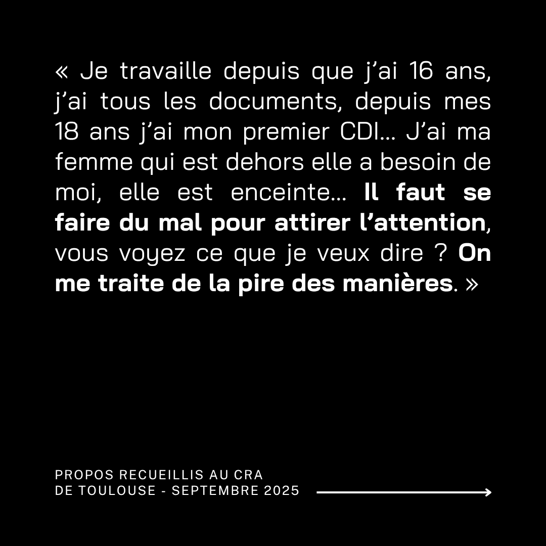 Témoignage d'une personne enfermée au CRA de Toulouse

Pour avoir l'intégralité du témoignage et en savoir plus sur les CRA, rdv sur notre blog

Ni CRA, ni prison, ni expulsions !
À bas le racisme d’État ! 🔥

#ABasLesCRA #RacismeDEtat
#Imperialism