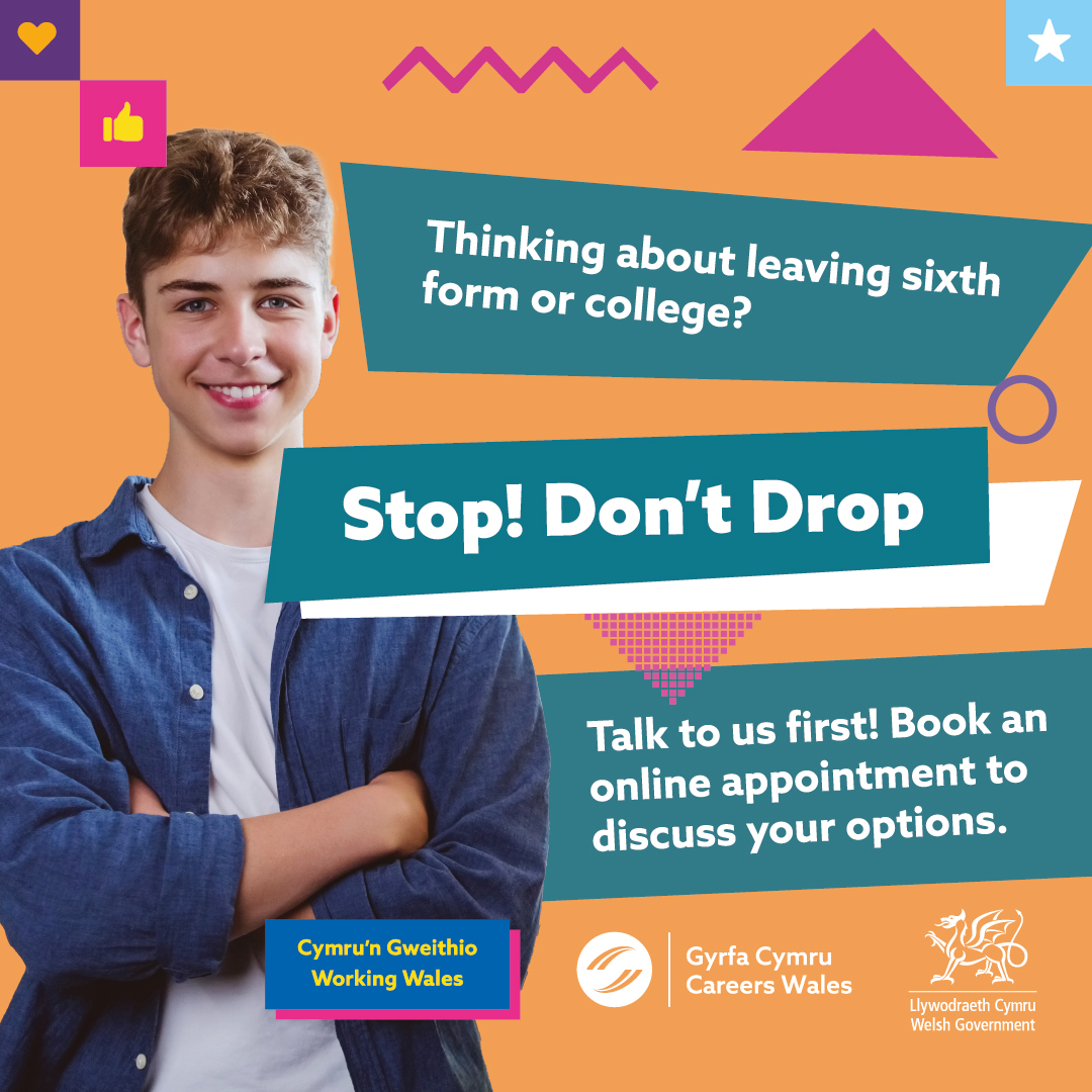 CareersWales's tweet photo. 📢 Teachers! Remind your pupils there’s more than one route to a successful career.
If they’re questioning their course, we’ve got advice and support ready.
📲 Share: https://t.co/jG5mmkXFB1
#StopDontDrop https://t.co/KuDF3AkCI6