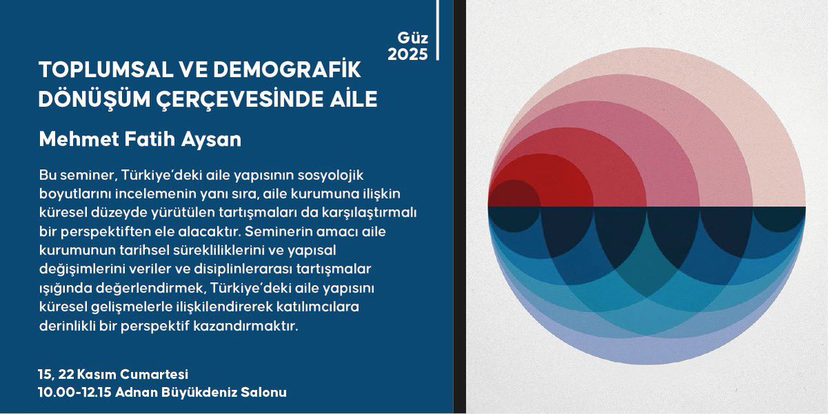 BİSAV 2025 Güz Dönemi Seminerleri devam ediyor ‼️

✨ Üçüncü haftaya iki yeni seminerle başlıyoruz ✨

📍 Toplumsal ve Demografik Dönüşüm Çerçevesinde Aile - Mehmet Fatih Aysan

📍Film Yönetmenliği - Mahmut Fazıl Coşkun

Ayrıntılar için 👉🏼 tinyurl.com/2025guz