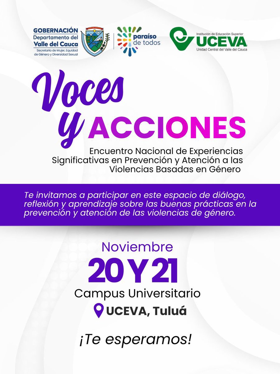 Te invitamos a participar en este encuentro de diálogo, reflexión y aprendizaje sobre las buenas prácticas en la prevención y atención de las violencias de género.

⏰ 8:30 a.m.
📍 Campus Universitario UCEVA – Tuluá
Inscríbete aquí: forms.gle/uEK1bAky7iS9m2….