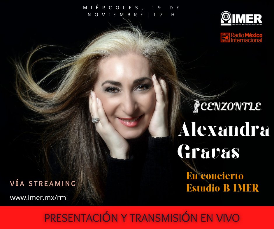 .<a href="/Opus945fm/">Opus 94</a> y #RMI los invitan a la sesión de Alexandra Gravas🎤. Cantante mezzosoprano, de origen Alemán y con raíces griegas.
Nos presentará en sesión "Horizons", viaje musical a través de culturas y lenguas.

Miércoles, 19 de noviembre, estudio B <a href="/imerhoy/">IMER</a> , 17 h