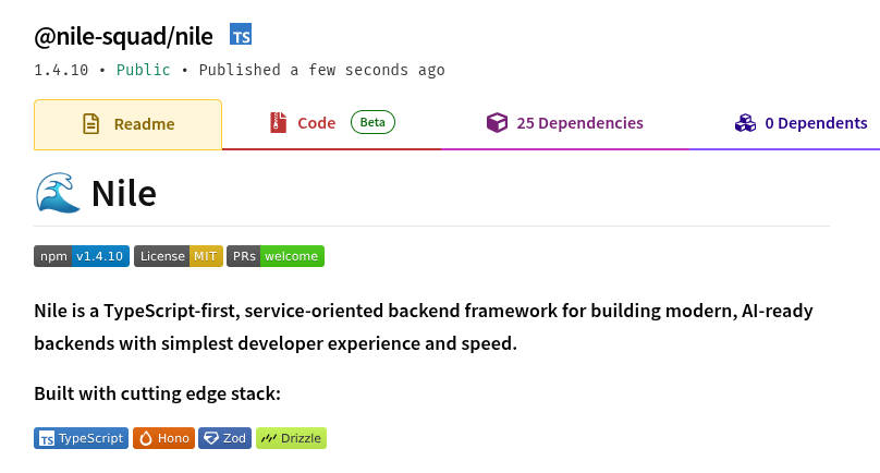 hussein_kizz's tweet image. Nile v1.4.10 released, adds file upload handling with configurable options, getZodSchema utility and configurable diagnostic for key server aspects for debugging, etc. Follow Updates: @NileFramework 
-&amp;gt; npmjs.com/package/@nile-…
PS: No docs site yet, no cli yet, but all under way!