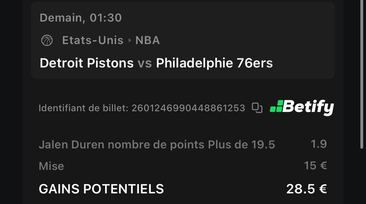 FastBreakTips's tweet image. #NBA 

🗓️ 14-11

Sengun over 6,5 assists 
1,87 💰 0.75% 

Duren +19,5 pts 
@ 1,90 💰 0.75% 

Pas eu le temps de rédiger d’analyse j’ai finis le boulot très tard, un petit combi arrive 

RT ♻️ / Fav ❤️ si tu suis 
#TeamParieur #FastBreakTips