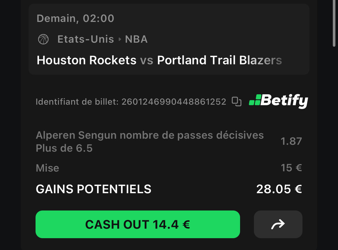 FastBreakTips's tweet image. #NBA 

🗓️ 14-11

Sengun over 6,5 assists 
1,87 💰 0.75% 

Duren +19,5 pts 
@ 1,90 💰 0.75% 

Pas eu le temps de rédiger d’analyse j’ai finis le boulot très tard, un petit combi arrive 

RT ♻️ / Fav ❤️ si tu suis 
#TeamParieur #FastBreakTips
