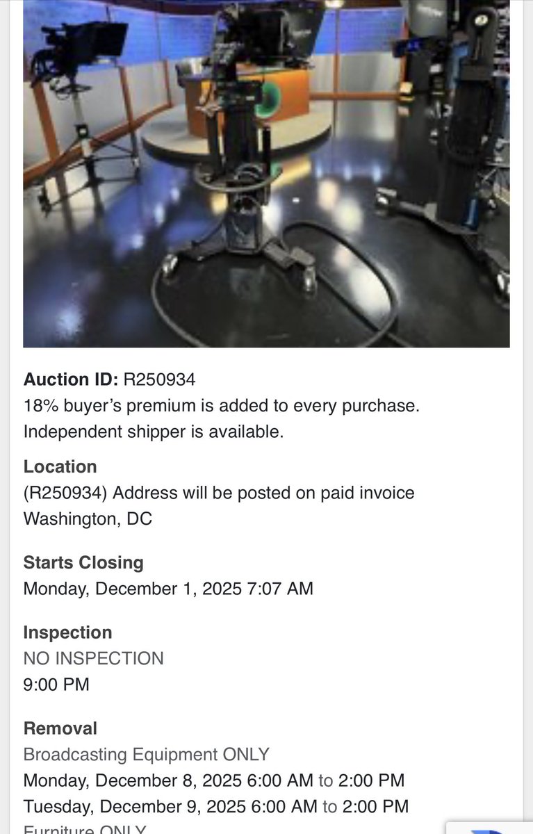 تجهیزات تلویزیونی و فنی صدای آمریکا به حراج گذاشته شد. 
در توضیح این حراج آمده: «یک شبکه بین‌المللی پخش تلویزیون و رادیو مستقر در واشنگتن دی‌سی در حال کاهش قابل توجه عملیات خود است و تمام تجهیزات اضافی تلویزیون، رادیو، تولید استودیویی، تولید میدانی، سوئیچینگ، پخش، اتاق کنترل،