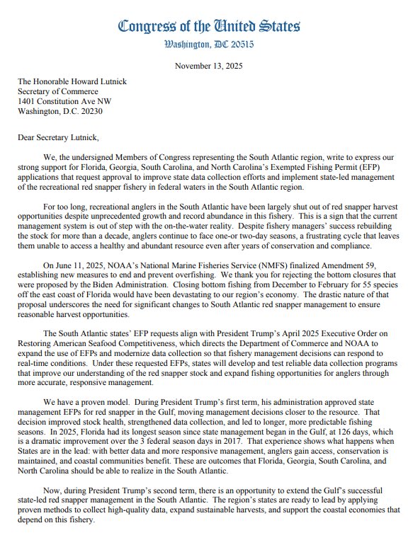 RepAaronBean's tweet image. This week, I joined @RepRutherfordFL in urging U.S. Secretary of Commerce @howardlutnick to approve an Exempted Fishing Permit (EFP) application for the State of Florida. This application would enhance data collection and grant our state the authority to lead the management of…