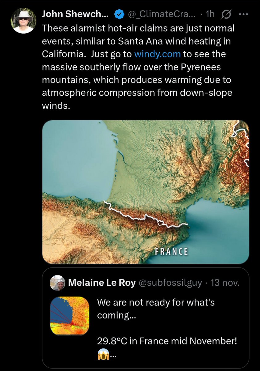 subfossilguy's tweet image. So &apos;normal&apos; that it is a monthly RECORD! 🤡

This clown of @_ClimateCraze is clueless as usual and try to make as if the foehn effect would have been the cause here, while the foehn wind anomaly is intensified by global warming

Crazy temp. anomaly in whole W/S France by the way!