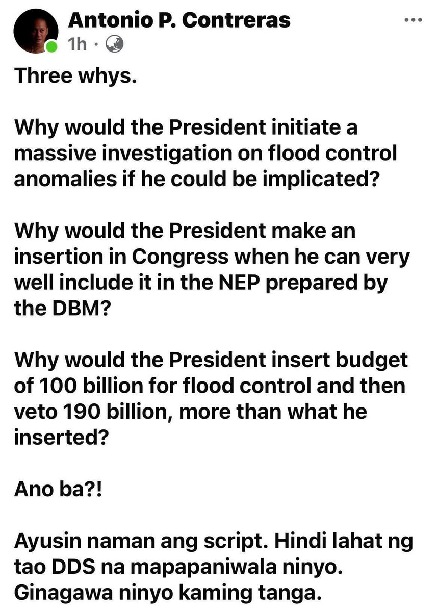 Good morning Bagong Pilipinas,Hindi lahat ng tao ay DDS kaya wag kayong umasang tatalino pa sila yong nasa likod ni Zaldy Co momatie na kayo.