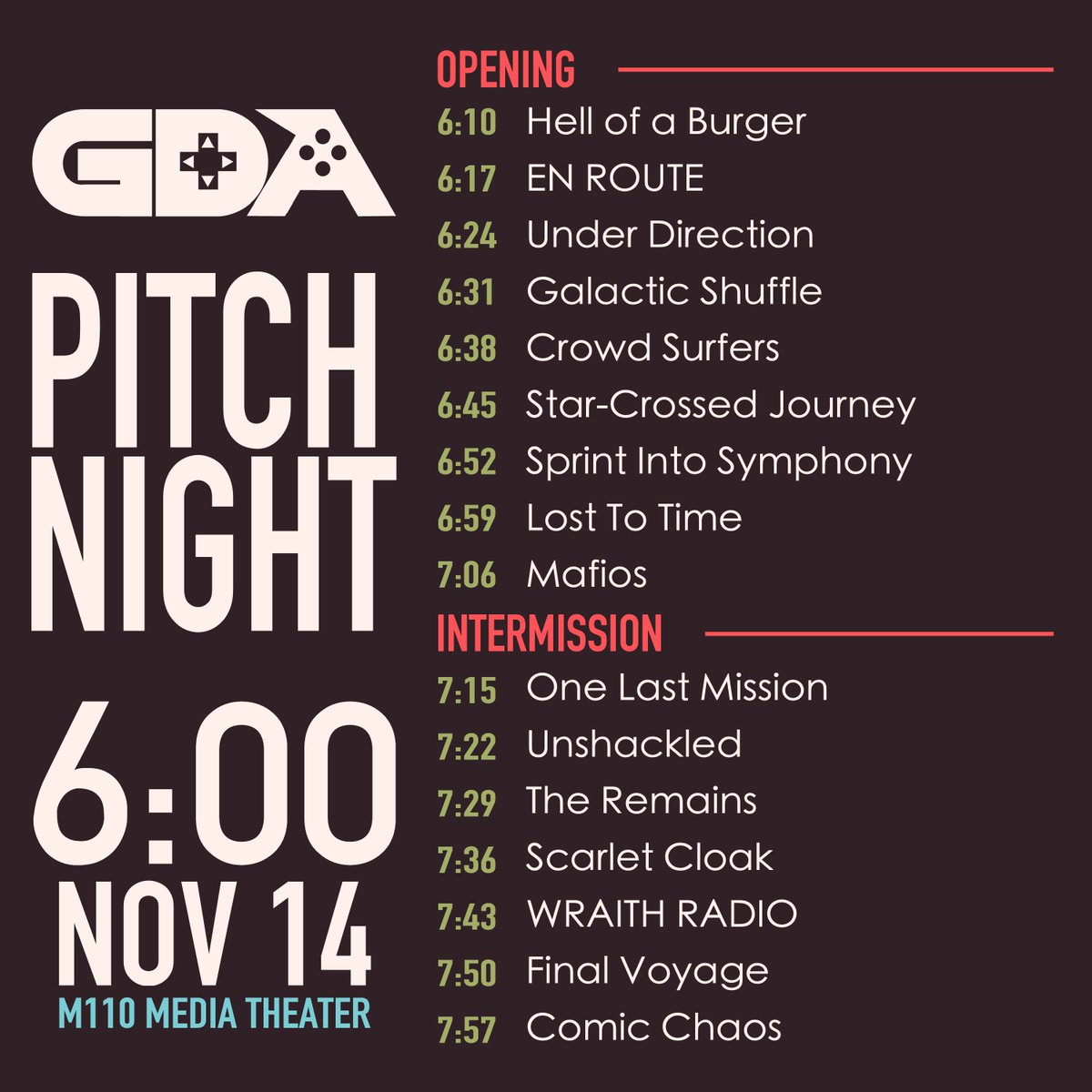 Join GDA tonight to vote this year’s Mock Studio game, &amp; celebrate all of our pitchers’ hard work!✨

📆 11/14/25 @ 6PM
📍 M110

You must have attended at least 2 General Meetings to vote... but feel free to come + cheer our pitchers on! 

See you there! 💖💙💚
#ucsc #ucscgda