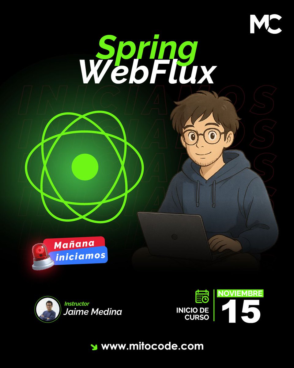 mitocode's tweet image. 🚨 MAÑANA INICIAMOS 🚨

¡Hey, coder! 🙋🏻♀️🙋🏻♂️. Aprende el paradigma moderno de la programación con nuestro curso Spring WebFlux 👩🏻💻👨🏻💻

🚨 Spring WebFlux
📆 Inicio: 15 de Noviembre
📲 buff.ly/O0S7BjT
.
#mitocode #programador #programacion #tecnologia #springwebflux