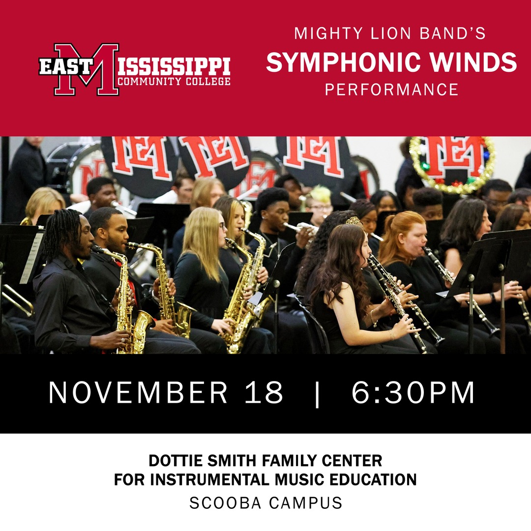 emccinfo's tweet image. 🎶 The Mighty Lion Band’s Symphonic Winds perform Nov. 18 at 6:30 PM in the Dottie Smith Family Center for Instrumental Music Education on our Scooba campus! Led by Director Daniel Wade. All are invited!

#EMCC #MightyLionBand #FineArts