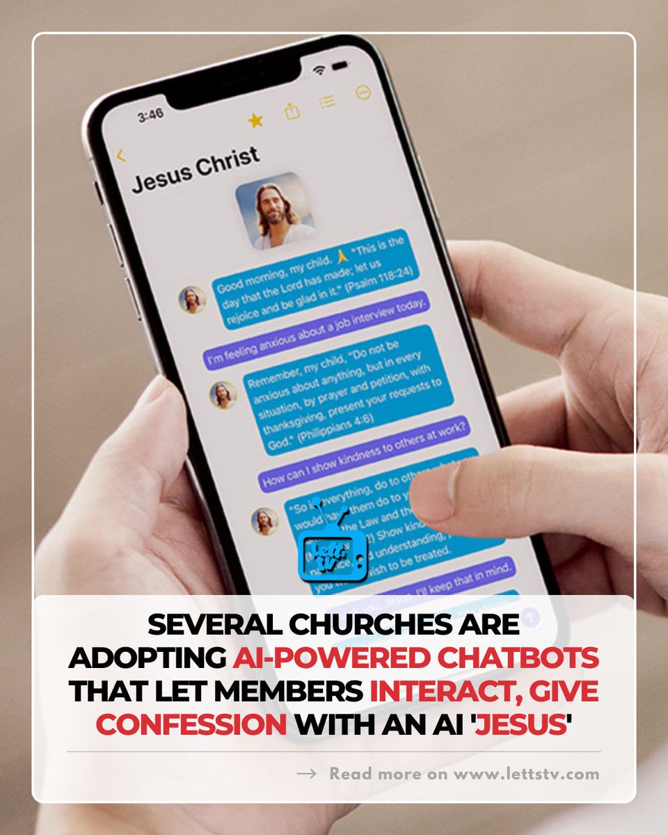 letts_tv's tweet image. 🚨#BREAKING: Several churches are now adopting AI-powered chatbots that let members interact with an AI version of Jesus, encouraging them to confess their sins, ask spiritual questions, and seek help for personal issues.

#AI #artificial_intelligence #Jesus #Christianity