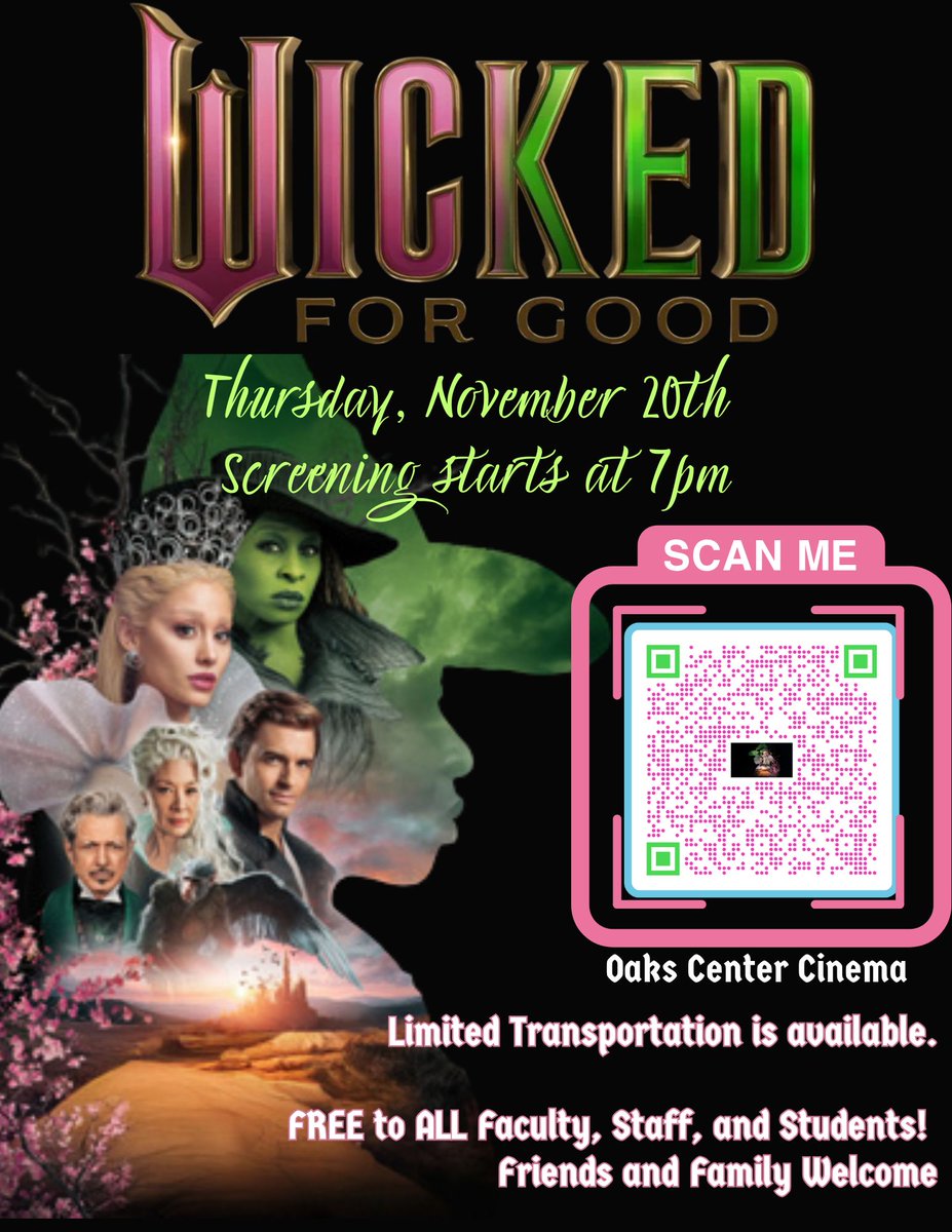 Join us next Thursday for this opening night premier of Wicked For Good at the Oaks Center Cinema! Scan the QR code to get your FREE tickets!