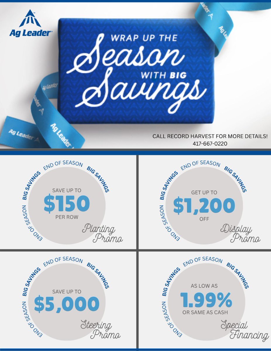 Wrap up the season with big savings with Ag Leader! Call Record Harvest today!
#RecordHarvest #AgLeader #HugeSavings