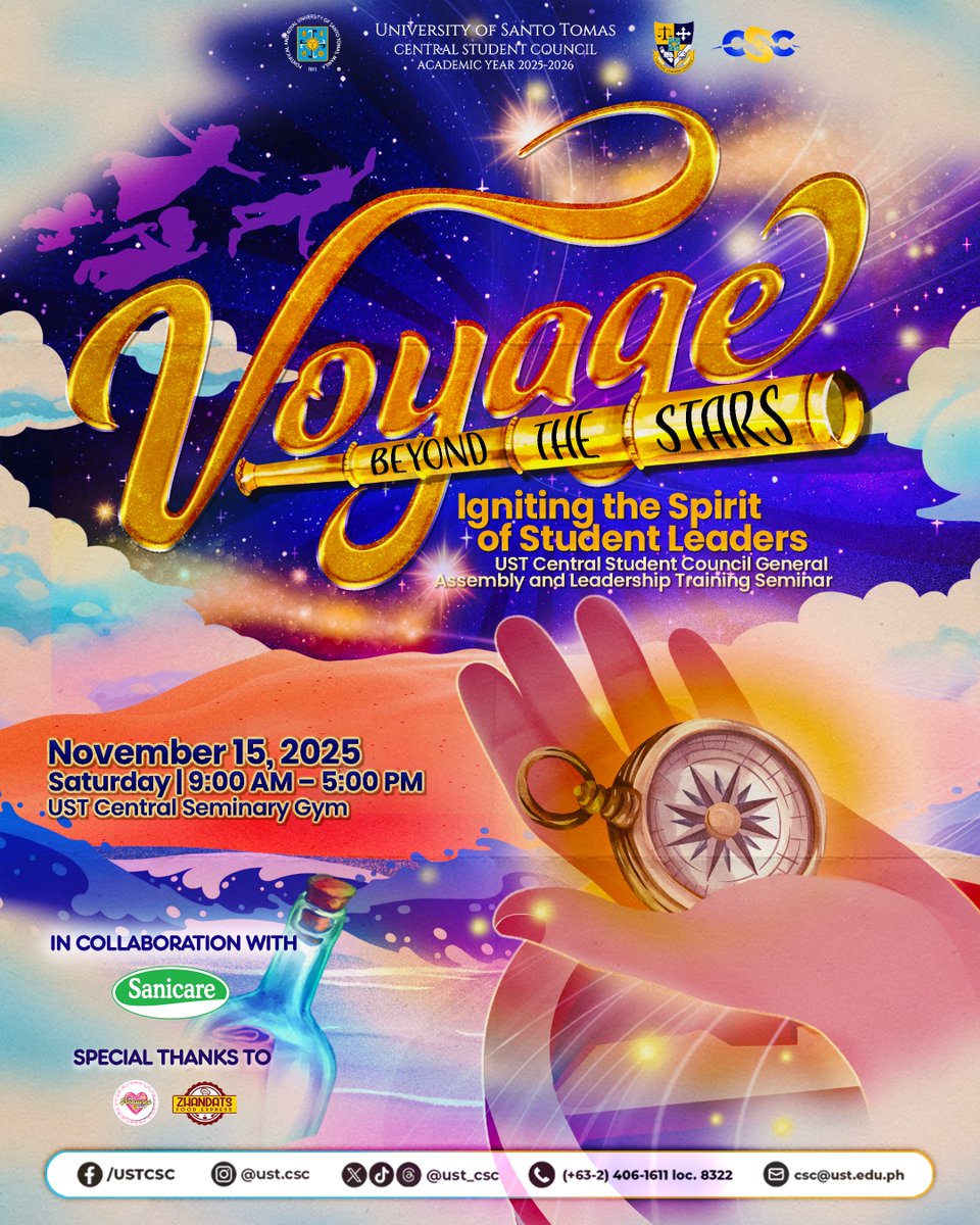 ust_csc's tweet image. Onward, pressing forward, charting new horizons together. ⛵️

The UST Central Student Council General Assembly and Leadership Training Seminar sets forth to “Voyage Beyond The Stars: Igniting The Spirit Of Student Leaders”. 🌠

#VoyageBeyondTheStars
#CSC2526