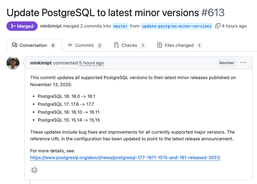 michaelfreedman's tweet image. #Postgres minor version releases dropped yesterday.

Time to make the bagels 🥯