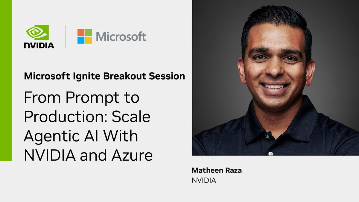 NVIDIADC's tweet image. Experience AI in action at #MSIgnite. Join us and @Microsoft to discover how we are accelerating innovation and transforming enterprise AI. 

Register for our top sessions and hands-on-labs. 
✨ From prompt to production: Scale agentic AI with NVIDIA and Azure [BRKSP477] -…