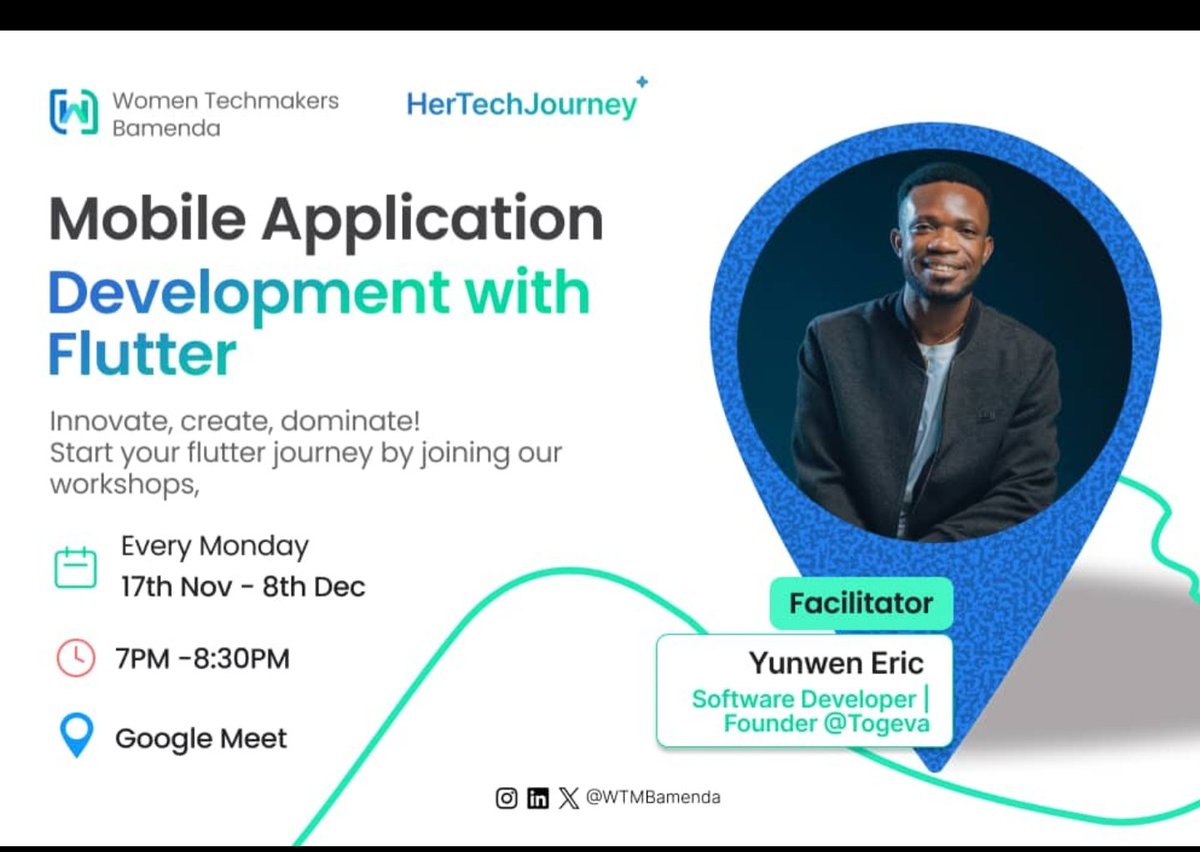 WTMBamenda's tweet image. WTM Bamenda is launching a Mobile App Development with Flutter workshop under HerTechJourney.

From 17 Nov to 8 Dec, women can learn Flutter every Monday from 7PM–8:30PM on Google Meet, calendar.app.google/KBCMArEC9BBFaj…
When women grow in tech, communities grow with them.
#WTMBamenda
