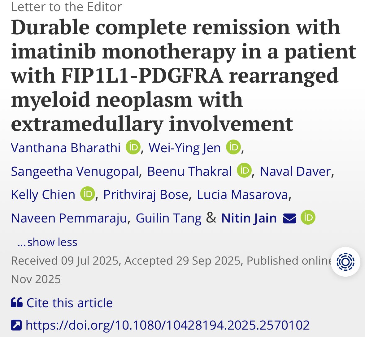 👉👉👉Happy to share our group’s new report in #MPNSM field led by Dr .<a href="/drvanthanab/">vanthana bharathi</a> &amp; Dr <a href="/NitinJainMD/">Nitin Jain</a> 

#FIP1L1 - #PDGFRA <a href="/drsangeetmd/">Sangeetha Venugopal MD,MS</a> 

tandfonline.com/doi/full/10.10…