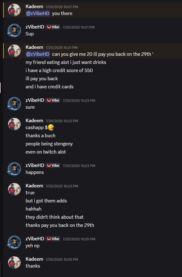 zvibehd's tweet photo. this guy @kadeem1111 blocks/bans me on twitch for trying to help figure out who has been deleting all of his messages on his discord server. Guy literally only messages to ask for money sadly. Wonder what hes using it for since he makes so much streaming.. 🤔 https://t.co/864Rs7tlAs