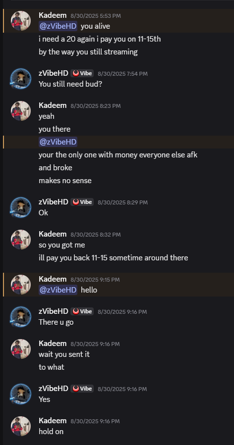 zvibehd's tweet photo. this guy @kadeem1111 blocks/bans me on twitch for trying to help figure out who has been deleting all of his messages on his discord server. Guy literally only messages to ask for money sadly. Wonder what hes using it for since he makes so much streaming.. 🤔 https://t.co/864Rs7tlAs