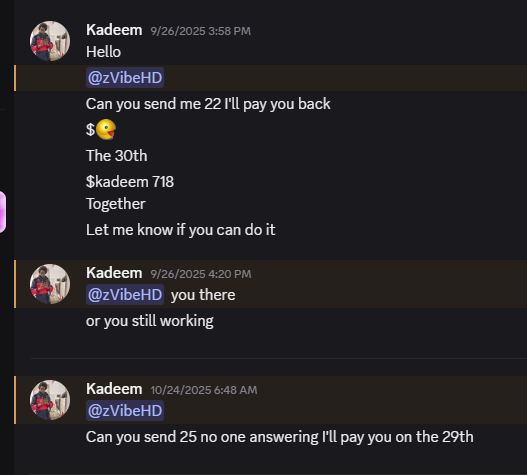 zvibehd's tweet photo. this guy @kadeem1111 blocks/bans me on twitch for trying to help figure out who has been deleting all of his messages on his discord server. Guy literally only messages to ask for money sadly. Wonder what hes using it for since he makes so much streaming.. 🤔 https://t.co/864Rs7tlAs
