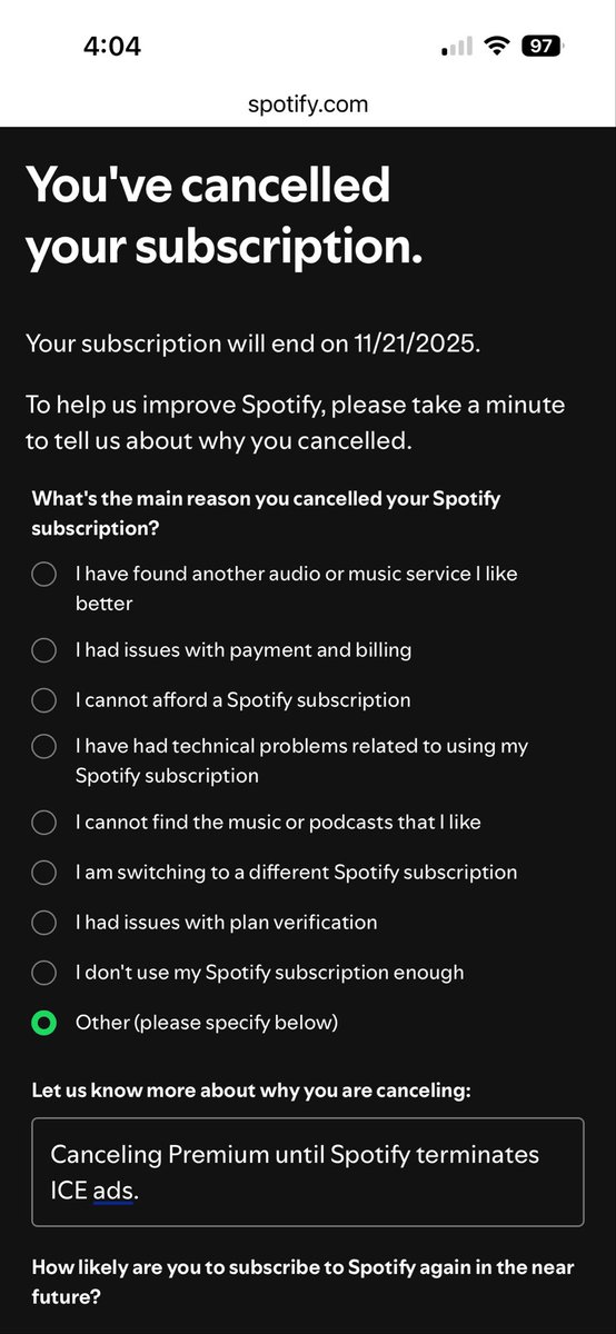 Texas_Gil's tweet photo. #Spotify #cancelled #subscription 
Cancelling Spotify Premium until Spotify terminates ICE ads. https://t.co/D3jeaHTBMe