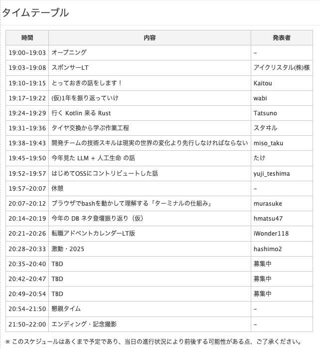 k_miura_io's tweet image. タイムテーブル更新しました！
忘年会でも相変わらず個性的なネタ揃い！
まだまだLTも一般枠も受付中です
俺の忘年会2025 ore-no-benkyoukai.connpass.com/event/375376/ #orestudy
