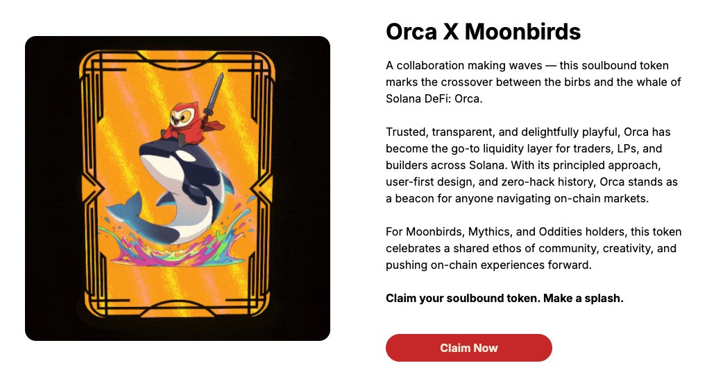 Crypto_Pranjal's tweet image. Moonbirds New SBT for Orca Users!

If you used Orca in the last 6 months or held ORCA or xORCA, you are eligible to mint this SBT.

✅ Mint here: minting.moonbirds.com

Connect your Solana wallet and mint.

Many of you might not even realize it, but you could be eligible if you…