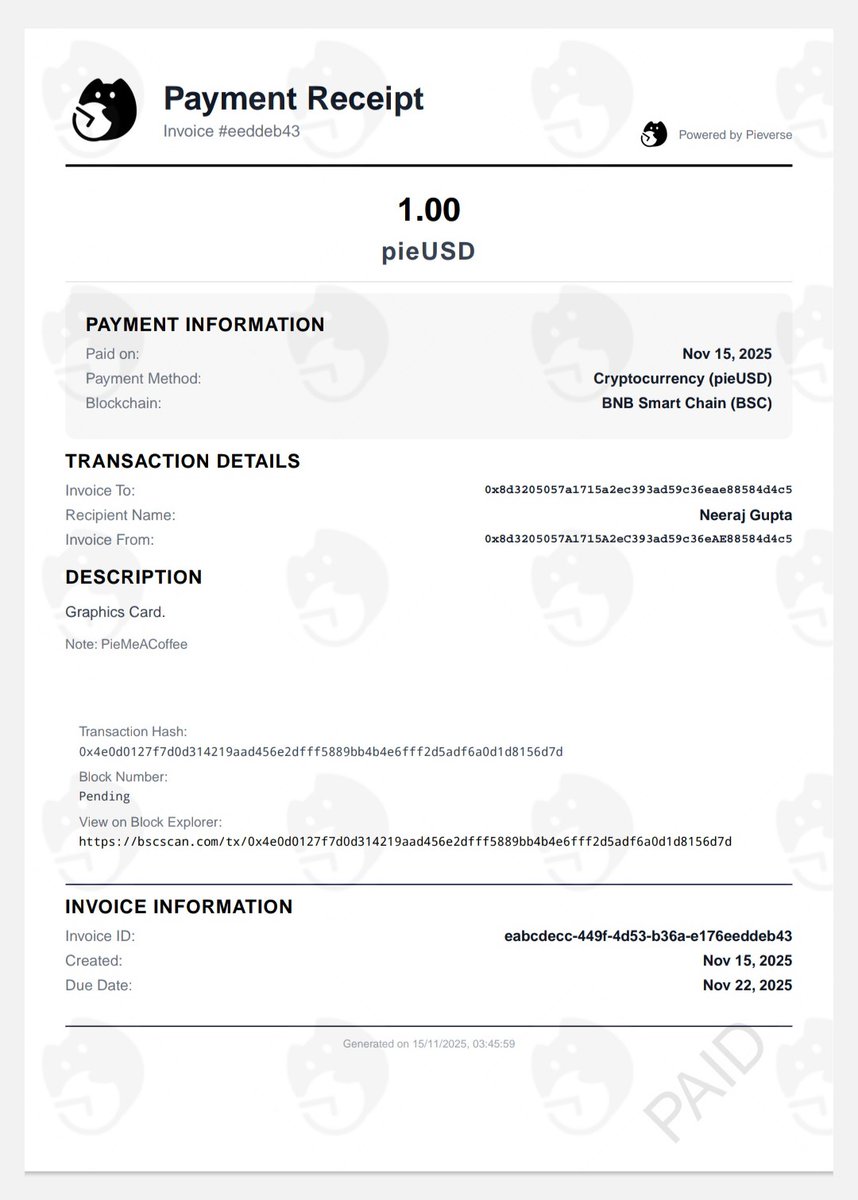 Here is my first payment receipt.
<a href="/pieverse_io/">pieverse</a> #Pieverse #PieMeACoffee #x402