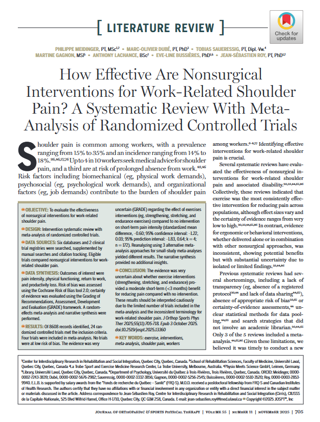 JOSPT's tweet photo. NEW #Review in @JOSPT

Which (if any) #PhysicalTherapy interventions provide short-term relief for work-related #ShoulderPain 🤔

Low certainty evidence - but some cautious observations included by the authors ➡️https://t.co/RT5EKC8d2r

#yourJOSPT https://t.co/n8orGBigrY