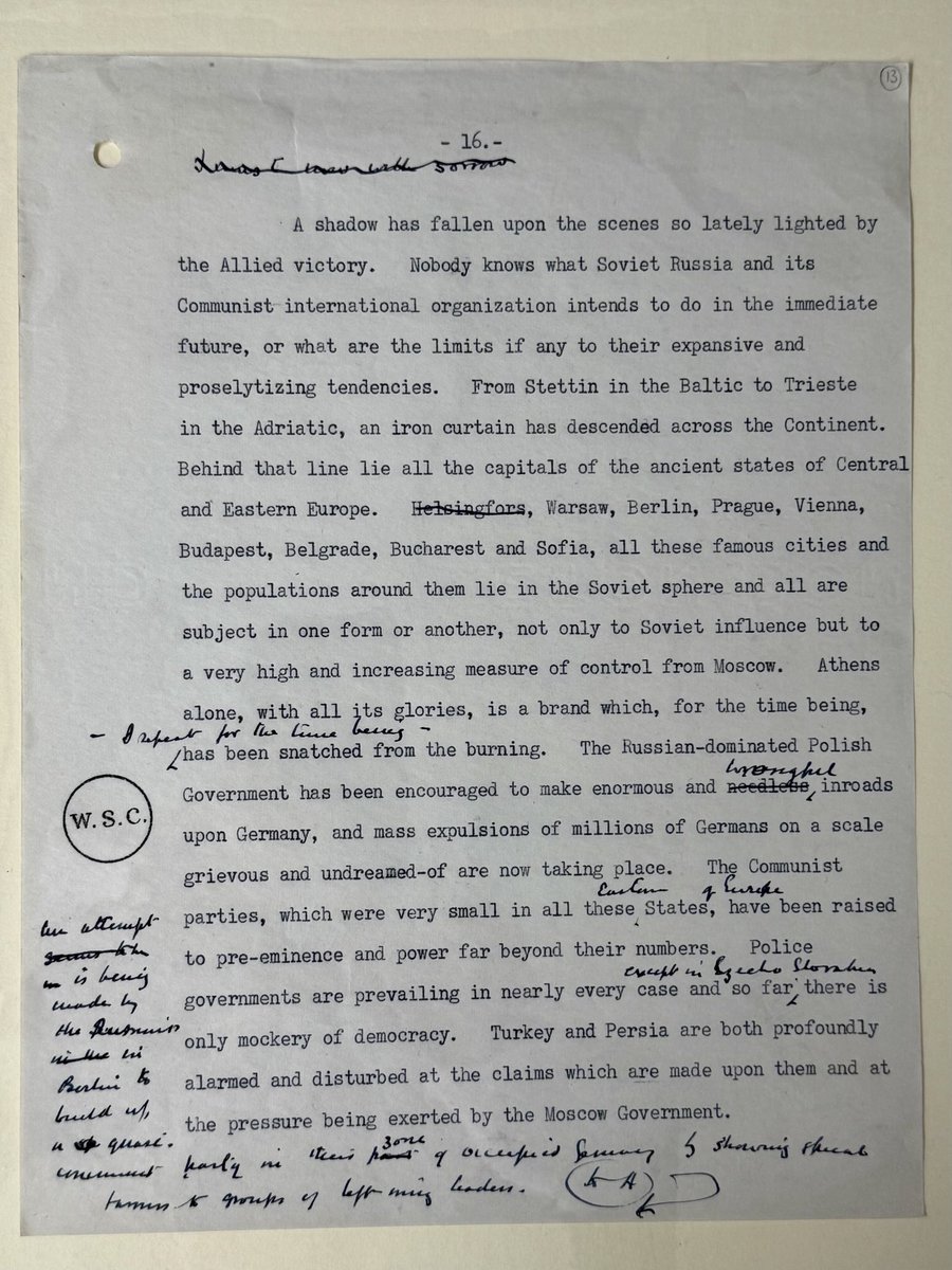 What a privilege it was to examine the draft of Churchill’s “Iron Curtain” speech at the Churchill Archives Centre in Churchill College, University of Cambridge. I believe my friends from 🇫🇮 will find it particularly interesting. ⁦<a href="/Cambridge_Uni/">Cambridge University</a>⁩ ⁦<a href="/ChuArchives/">Churchill Archives Centre</a>⁩