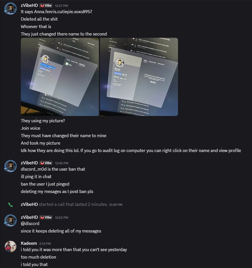 zvibehd's tweet photo. Figured might as well show why I was unfairly banned/blocked by @kadeem1111 by trying to show him that someone was impersonating me in his discord server after they hijacked message deletion perms. Is he okay? https://t.co/aIb6AOI2oH
